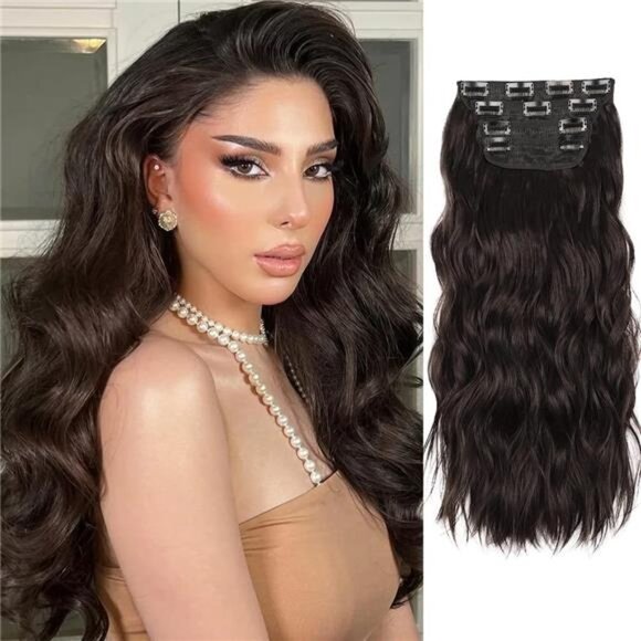 Hair Extensions, 4Pcs Clip in Black Brown